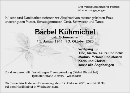 Traueranzeige von Bärbel Kühmichel von Wiesbadener Kurier