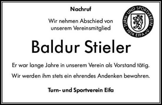 Traueranzeige von Baldur Stieler von VRM Trauer