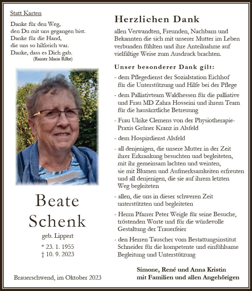  Traueranzeige für Beate Schenk vom 21.10.2023 aus Oberhessen Kurier