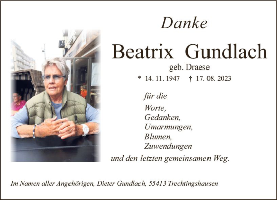 Traueranzeige von Beatrix Gundlach von Allgemeine Zeitung Bingen/Ingelheim