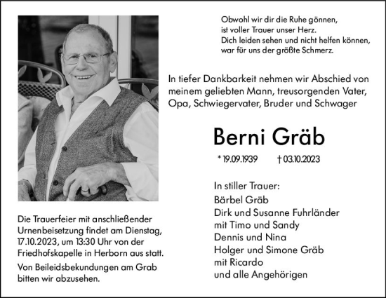 Traueranzeige von Berni Gräb von Dill Block