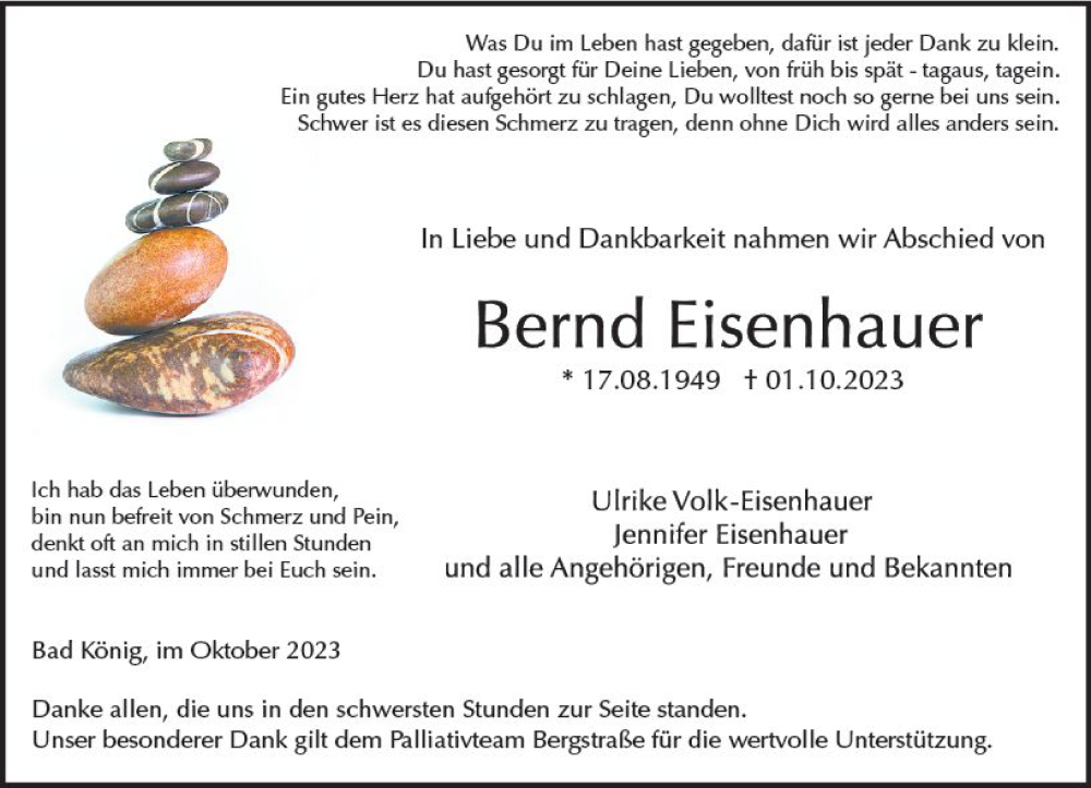  Traueranzeige für Bernd Eisenhauer vom 21.10.2023 aus Odenwälder Echo