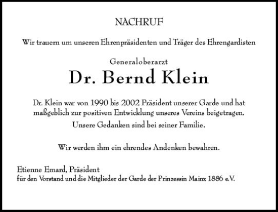 Traueranzeige von Bernd Klein von Allgemeine Zeitung Mainz