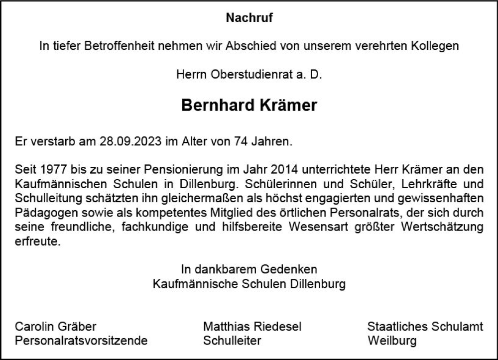  Traueranzeige für Bernhard Krämer vom 12.10.2023 aus Dill Block