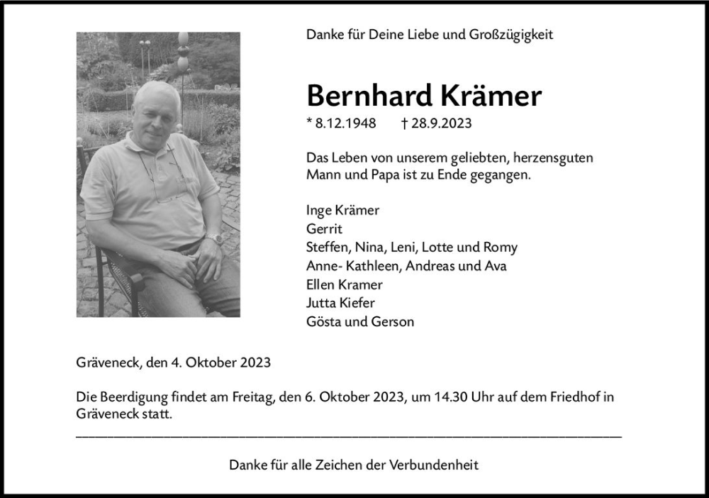  Traueranzeige für Bernhard Krämer vom 04.10.2023 aus Weilburger Tageblatt