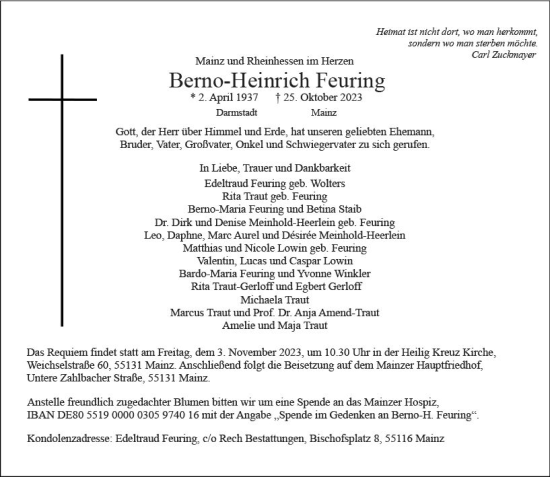 Traueranzeige von Berno-Heinrich Feuring von Allgemeine Zeitung Mainz