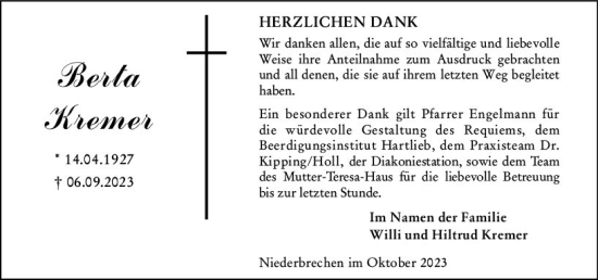 Traueranzeige von Berta Kremer von Camberger Anzeiger