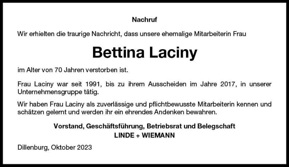  Traueranzeige für Bettina Laciny vom 11.10.2023 aus Dill Block