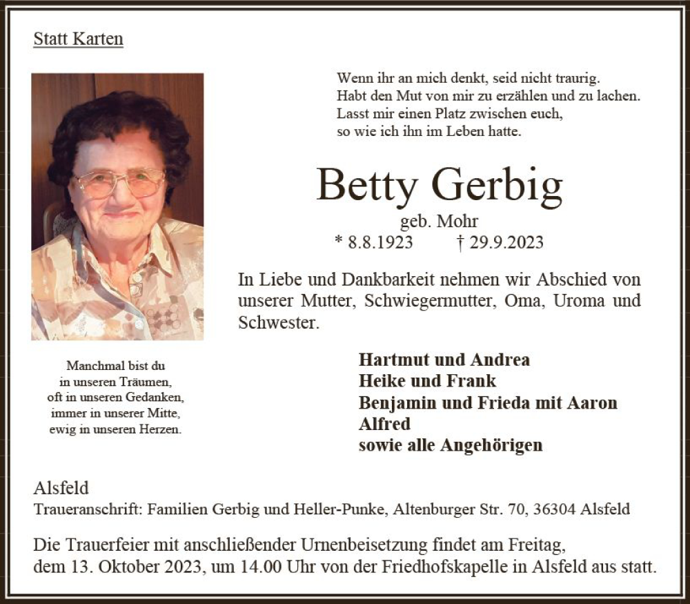  Traueranzeige für Betty Gerbig vom 07.10.2023 aus Oberhessen Kurier
