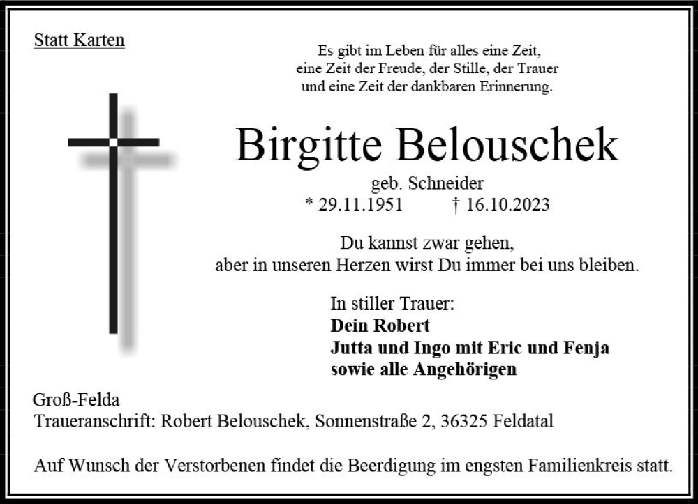  Traueranzeige für Birgitte Belouschek vom 18.10.2023 aus VRM Trauer