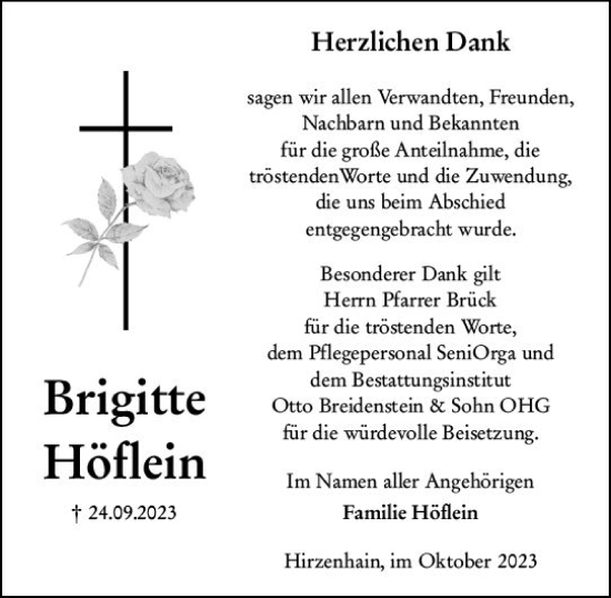 Traueranzeige von Brigitte Höflein von Dill Block