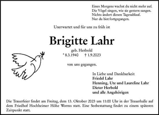 Traueranzeige von Brigitte Lahr von Wormser Zeitung