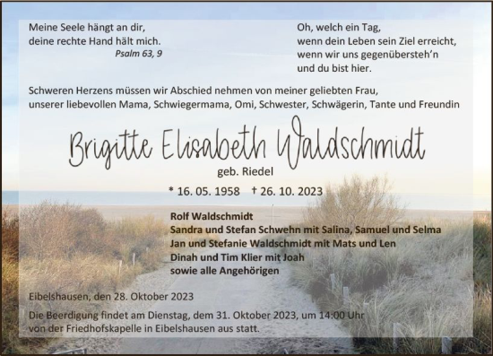 Traueranzeige von Brigitte Waldschmidt von Dill Block