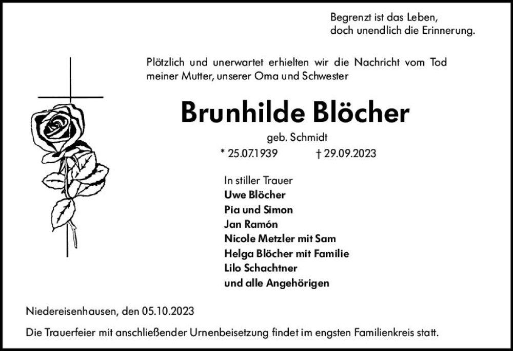  Traueranzeige für Brunhilde Blöcher vom 05.10.2023 aus Hinterländer Anzeiger