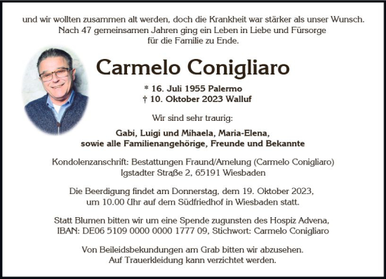 Traueranzeige von Carmelo Conigliaro von Wiesbadener Kurier