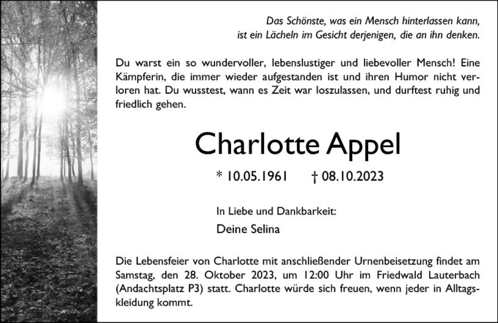  Traueranzeige für Charlotte Appel vom 24.10.2023 aus VRM Trauer