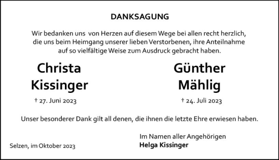 Traueranzeige von Christa Kissinger von Allgemeine Zeitung Mainz