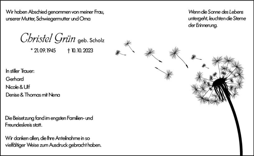  Traueranzeige für Christel Grün vom 24.10.2023 aus Weilburger Tageblatt