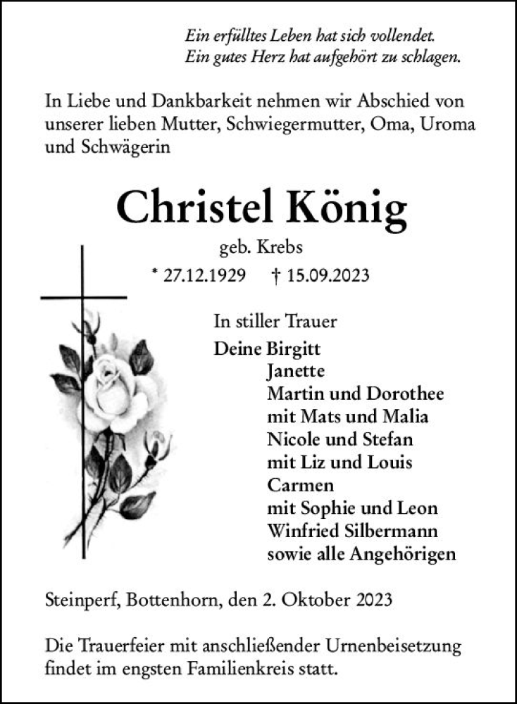  Traueranzeige für Christel König vom 02.10.2023 aus Hinterländer Anzeiger