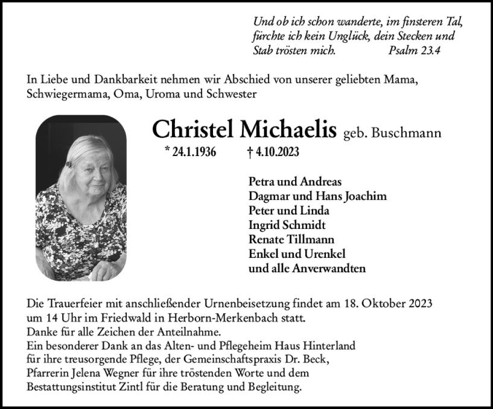  Traueranzeige für Christel Michaelis vom 16.10.2023 aus Dill Block