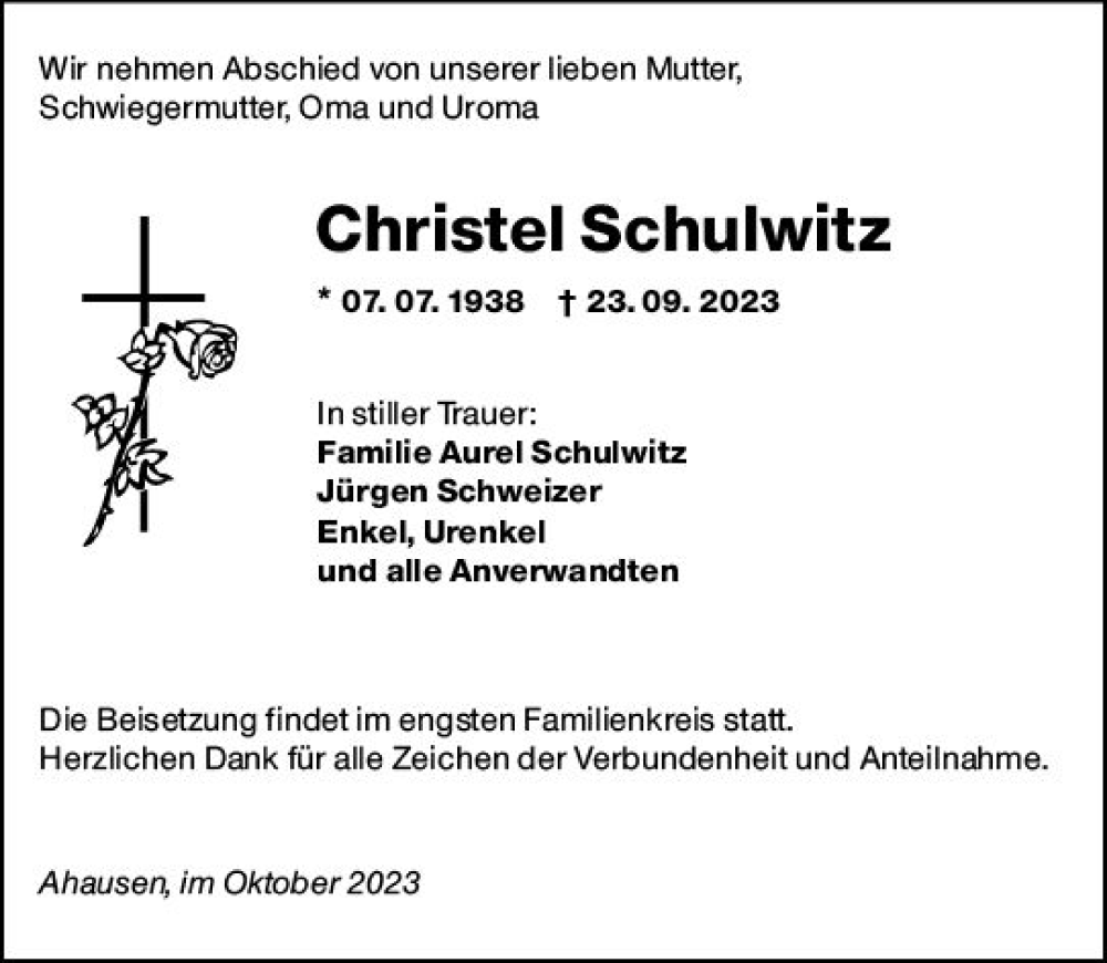  Traueranzeige für Christel Schulwitz vom 07.10.2023 aus Weilburger Tageblatt