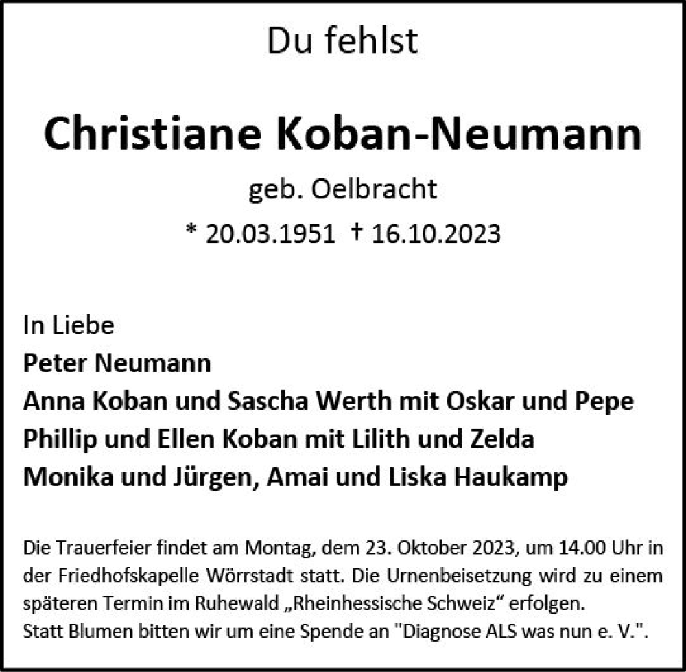  Traueranzeige für Christiane Koban-Neumann vom 19.10.2023 aus Allgemeine Zeitung Alzey