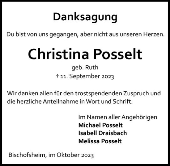 Traueranzeige von Christina Posselt von Rüsselsheimer Echo