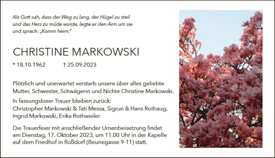 Traueranzeige von Christine Markowski von Darmstädter Echo