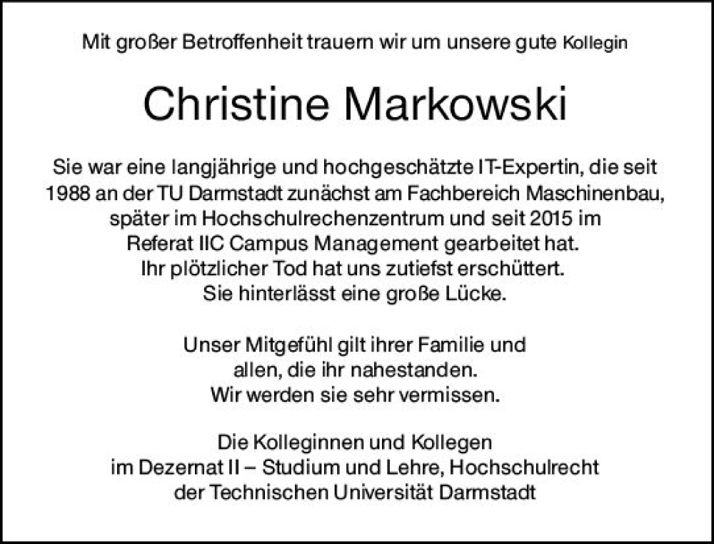  Traueranzeige für Christine Markowski vom 14.10.2023 aus Darmstädter Echo