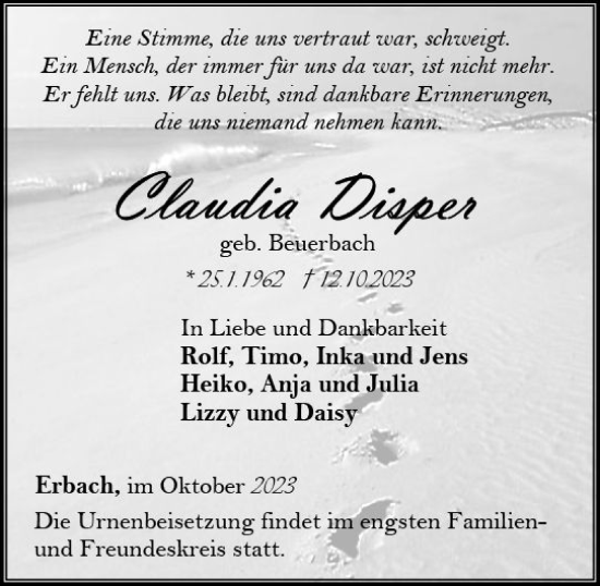 Traueranzeige von Claudia Disper von Camberger Anzeiger