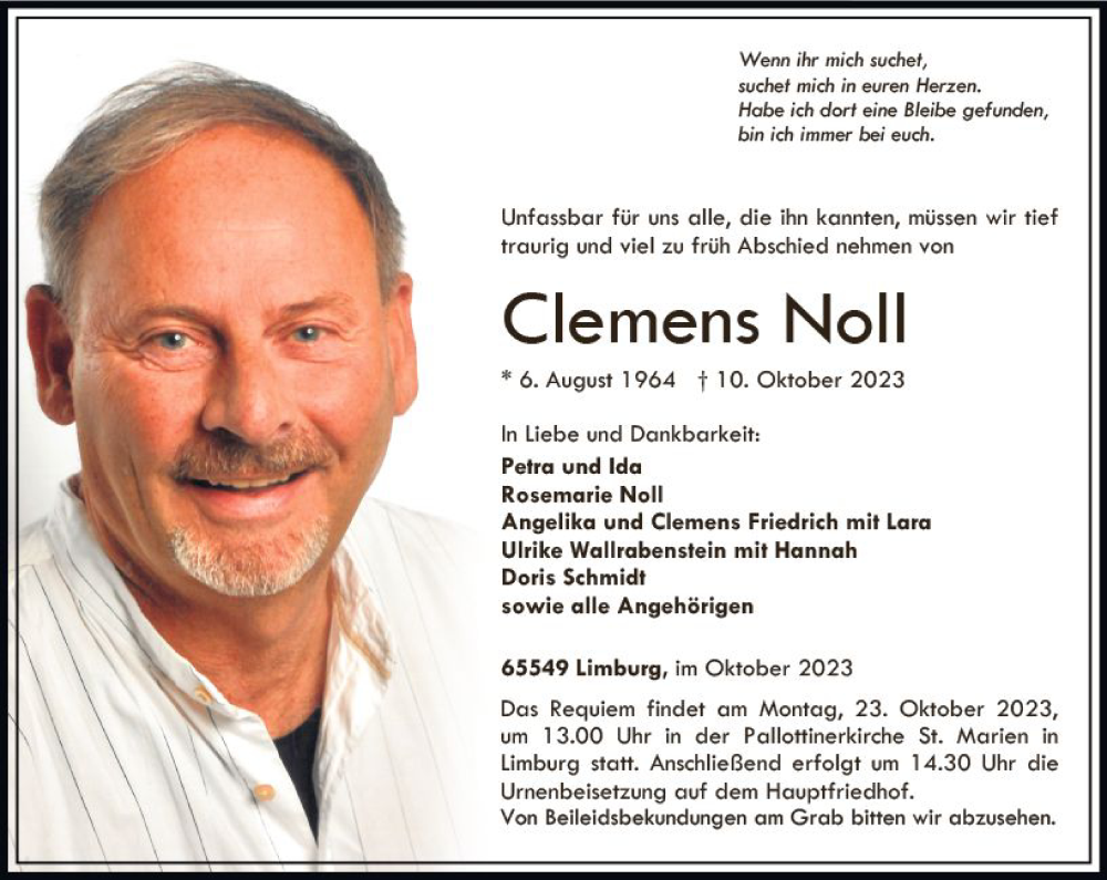  Traueranzeige für Clemens Noll vom 14.10.2023 aus Nassauische Neue Presse