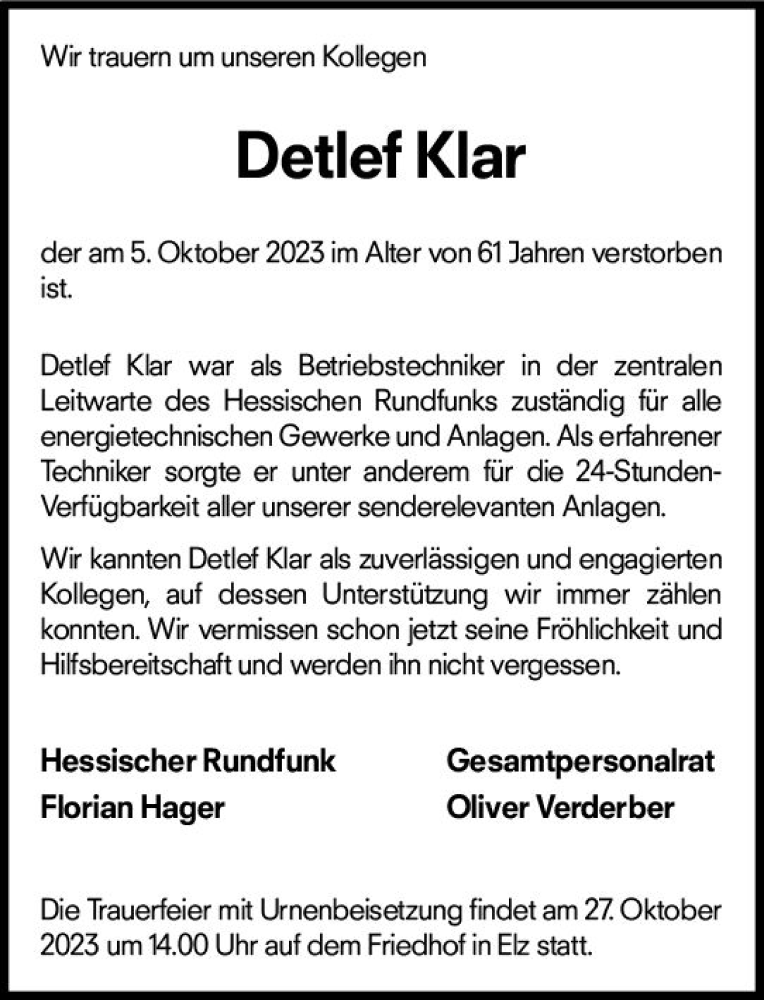  Traueranzeige für Detlef Klar vom 21.10.2023 aus Nassauische Neue Presse