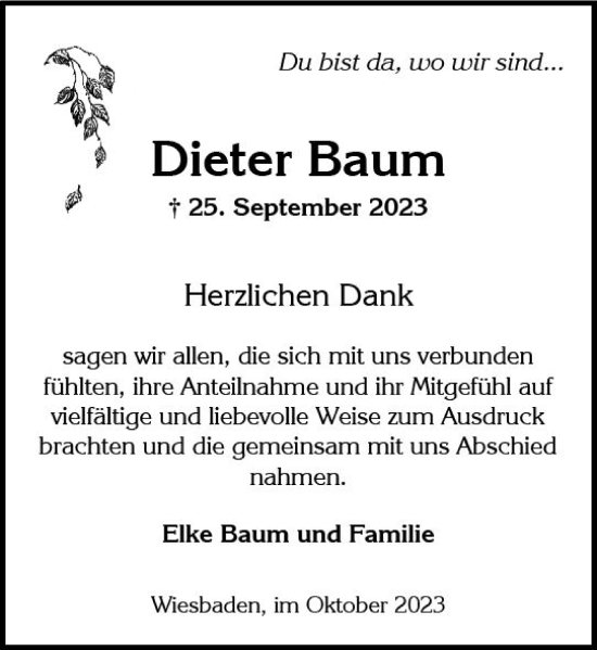 Traueranzeige von Dieter Baum von Wiesbadener Kurier