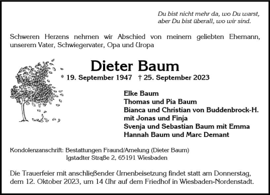 Traueranzeige von Dieter Baum von Wiesbadener Kurier