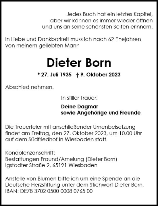 Traueranzeige von Dieter Born von Wiesbadener Kurier