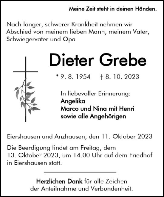 Traueranzeige von Dieter Grebe von Dill Block