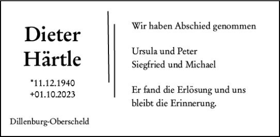 Traueranzeige von Dieter Härtle von Dill Block