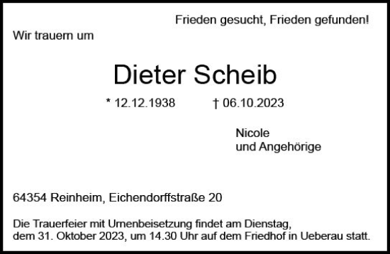 Traueranzeige von Dieter Scheib von Darmstädter Echo