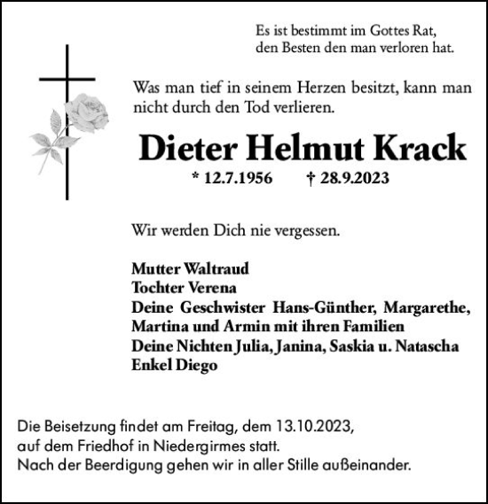 Traueranzeige von Dieter Helmut Krack von Wetzlarer Neue Zeitung