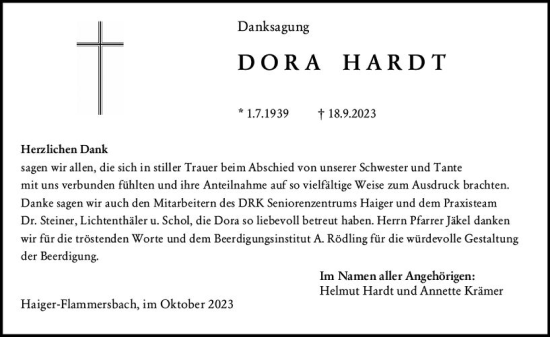 Traueranzeige von Dora Hardt von Dill Block