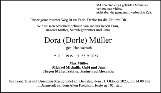 Traueranzeige von Dora  Müller von Darmstädter Echo