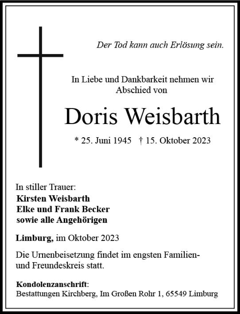  Traueranzeige für Doris Weisbarth vom 21.10.2023 aus Nassauische Neue Presse