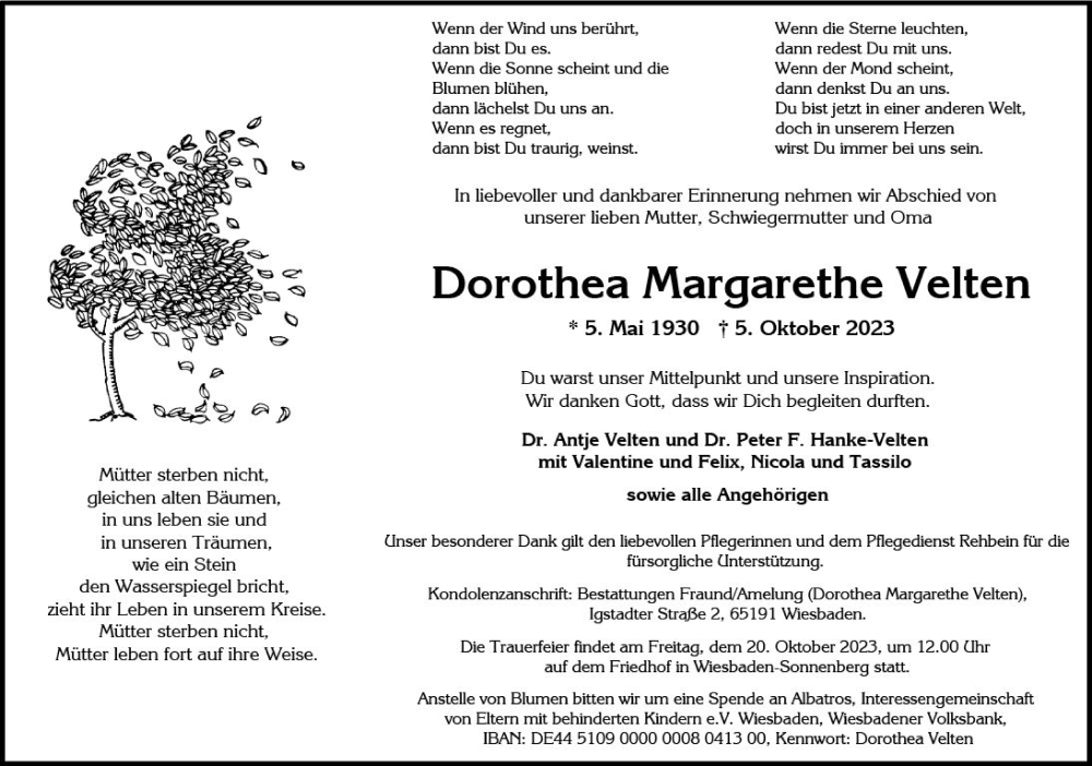  Traueranzeige für Dorothea Margarethe Velten vom 14.10.2023 aus Wiesbadener Kurier