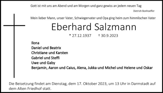Traueranzeige von Eberhard Salzmann von Darmstädter Echo
