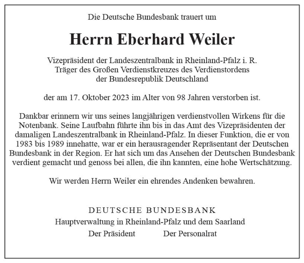  Traueranzeige für Eberhard Weiler vom 25.10.2023 aus Allgemeine Zeitung Mainz