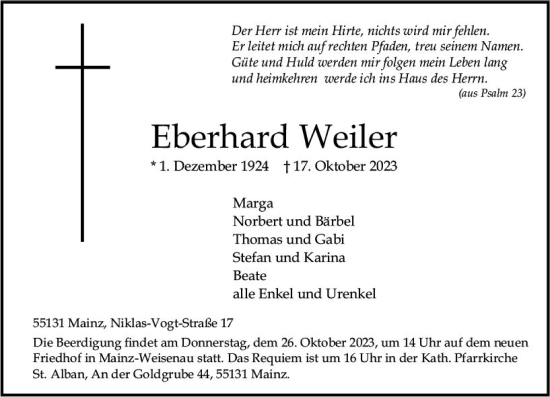 Traueranzeige von Eberhard Weiler von Allgemeine Zeitung Mainz