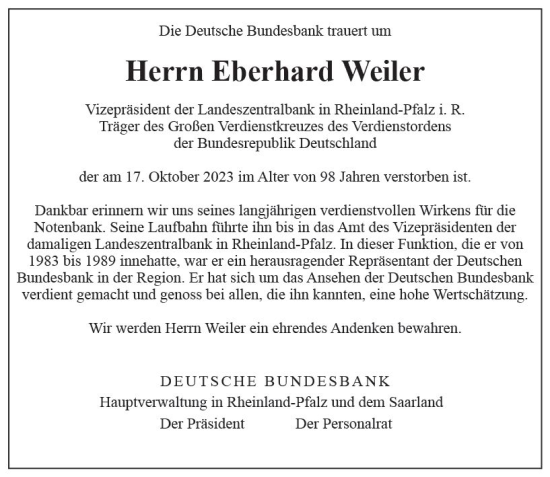 Traueranzeige von Eberhard Weiler von Allgemeine Zeitung Mainz