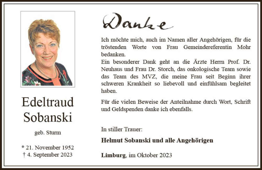  Traueranzeige für Edeltraud Sobanski vom 28.10.2023 aus Nassauische Neue Presse