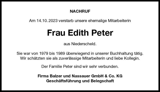 Traueranzeige von Edith Peter von Dill Block