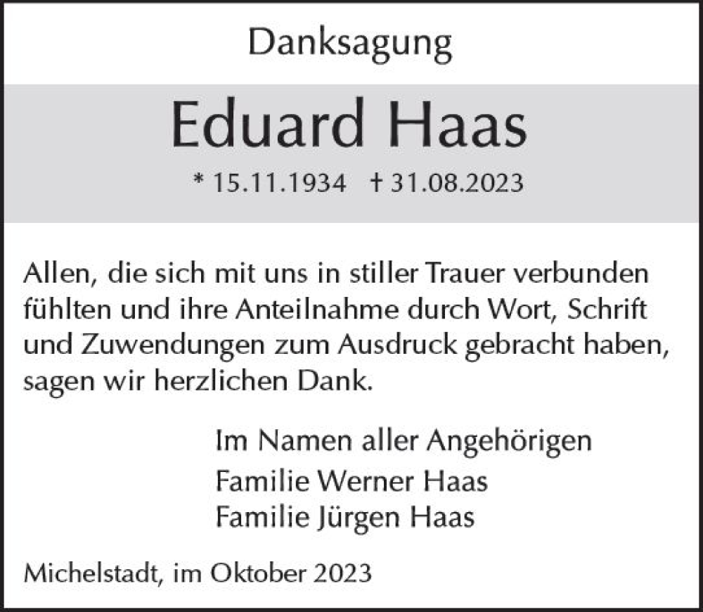  Traueranzeige für Eduard Haas vom 14.10.2023 aus Odenwälder Echo